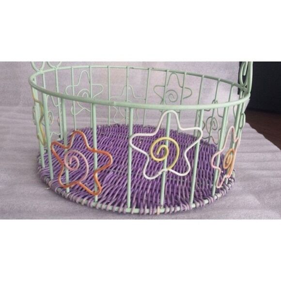 Round Colorful Stars Green & Purple Metal Basket Fruit Flowers Makeup - Picture 5 of 7